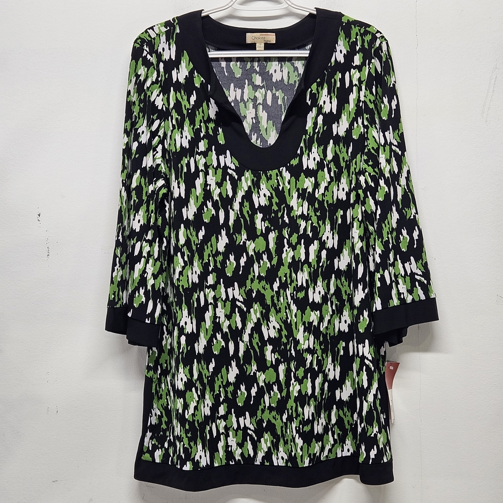 Choices Woman Curve Neck Tunic Tops 1X Multicolor Abstract 3/4 Sleeves Artsy